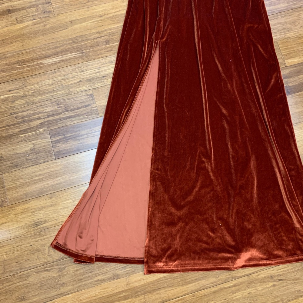 Baltic Born One Shoulder Velvet Maxi Dress‎ Burnt Orange Size Large Side Slit - Picture 3 of 6